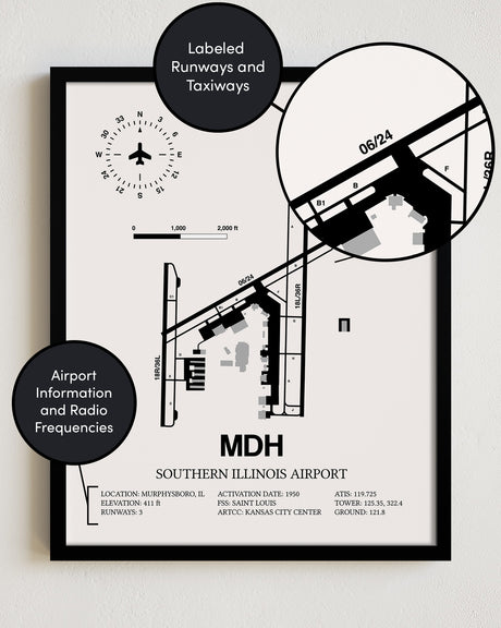 Framed Detailed Airport Map of Southern Illinois Airport (MDH) in White with a Black Frame