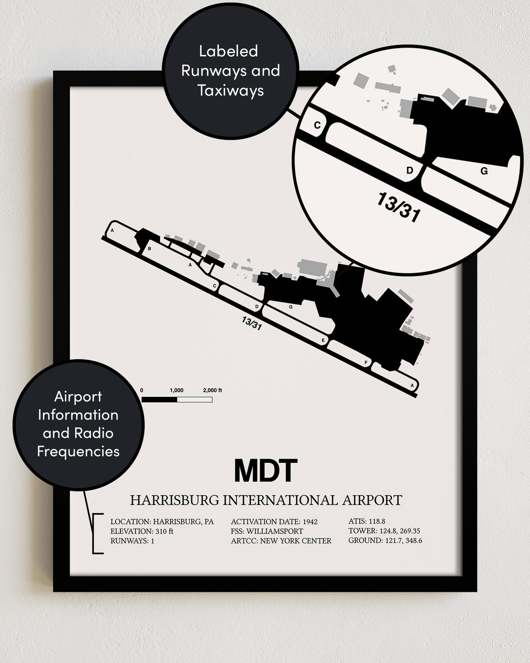 MDT Airport Map, Harrisburg International Airport Print
