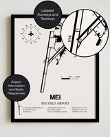 Framed Detailed Airport Map of Key Field Airport (MEI) in White with a Black Frame