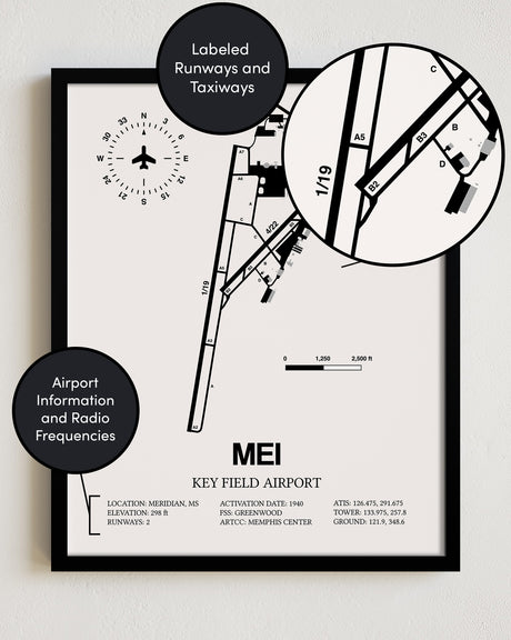 Framed Detailed Airport Map of Key Field Airport (MEI) in White with a Black Frame