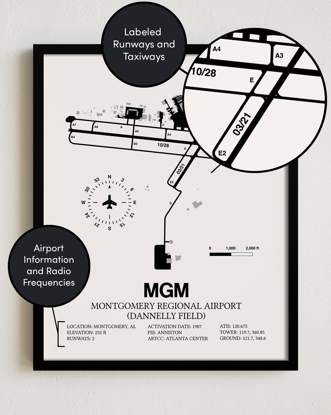 MGM Airport Map, Montgomery Regional Airport (Dannelly Field) Print