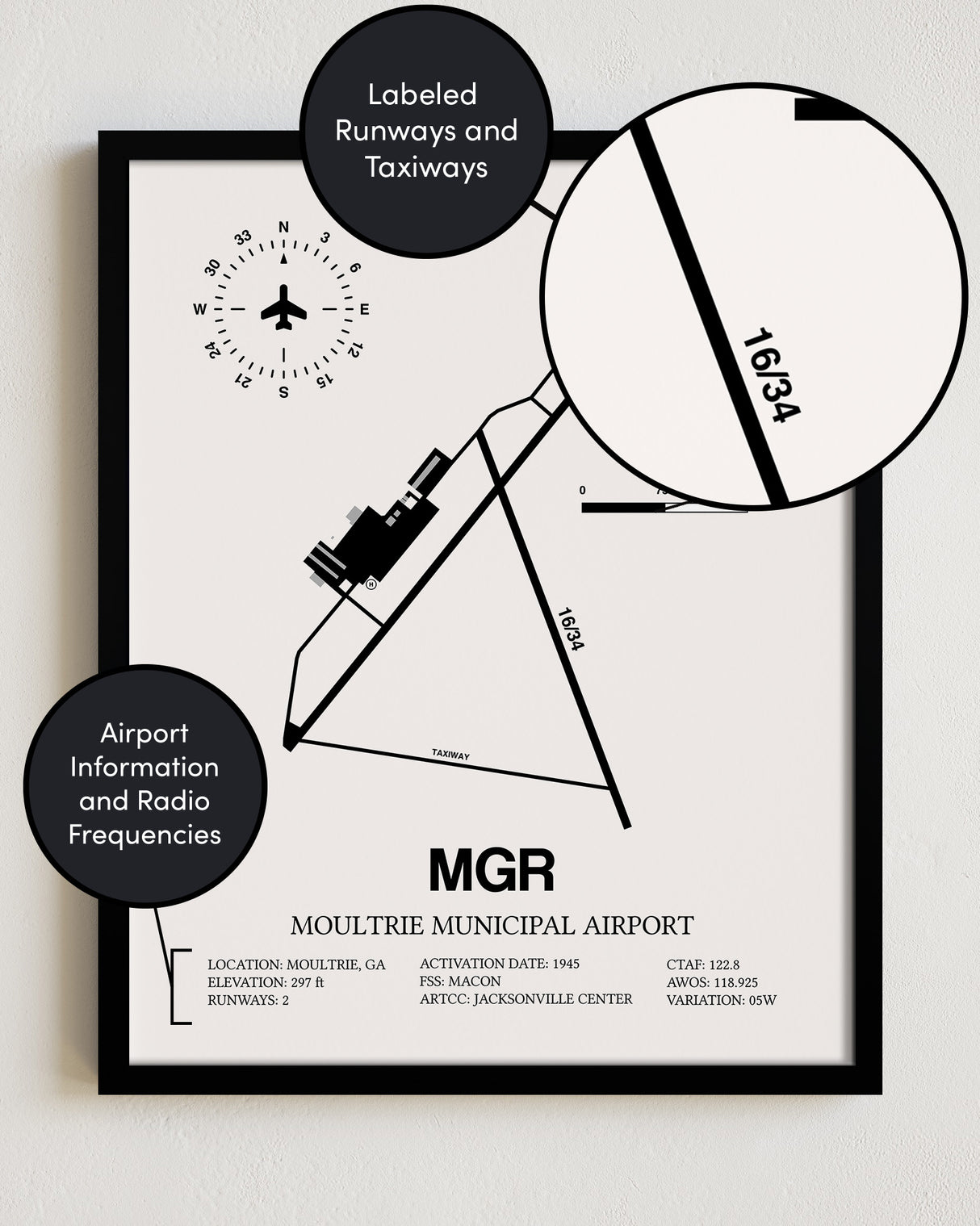 Framed Detailed Airport Map of Moultrie Municipal Airport (MGR) in White with a Black Frame