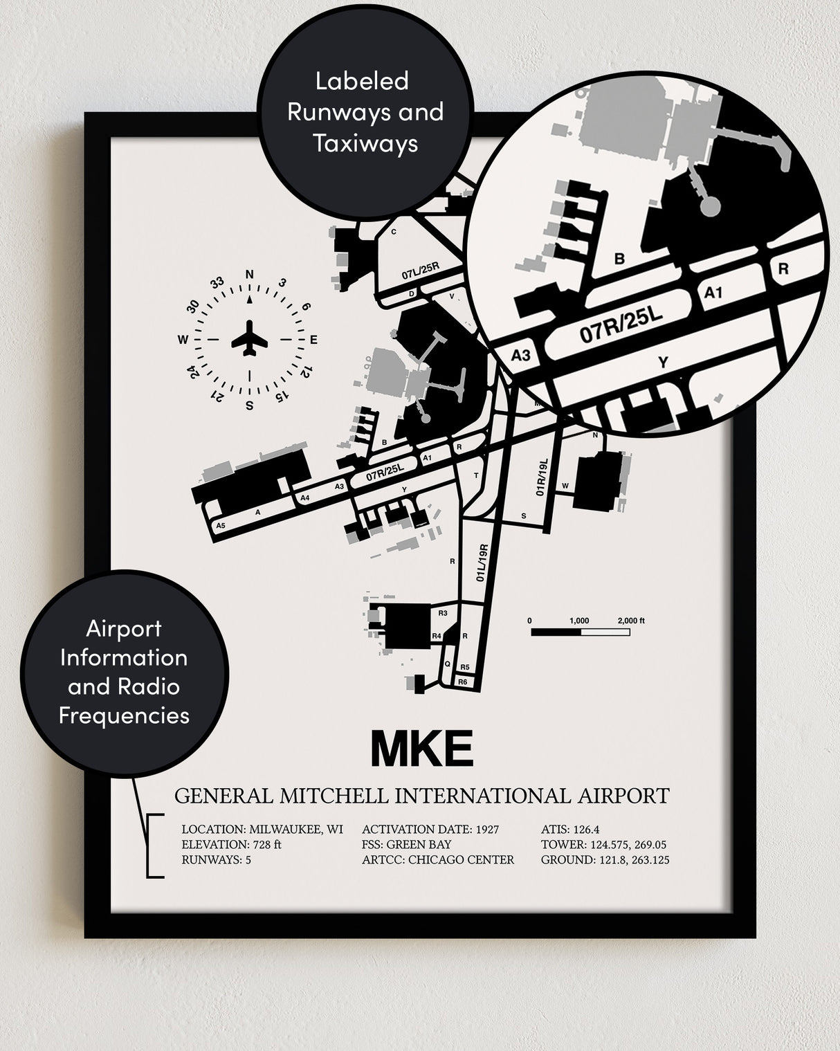 Framed Detailed Airport Map of General Mitchell International Airport (MKE) in White with a Black Frame