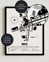 Framed Detailed Airport Map of General Mitchell International Airport (MKE) in White with a Black Frame