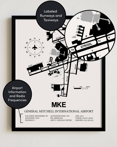 Framed Detailed Airport Map of General Mitchell International Airport (MKE) in White with a Black Frame