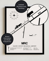 Framed Detailed Airport Map of Maury County Regional Airport (MRC) in White with a Black Frame