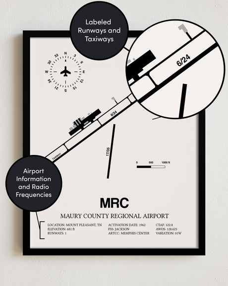 Framed Detailed Airport Map of Maury County Regional Airport (MRC) in White with a Black Frame