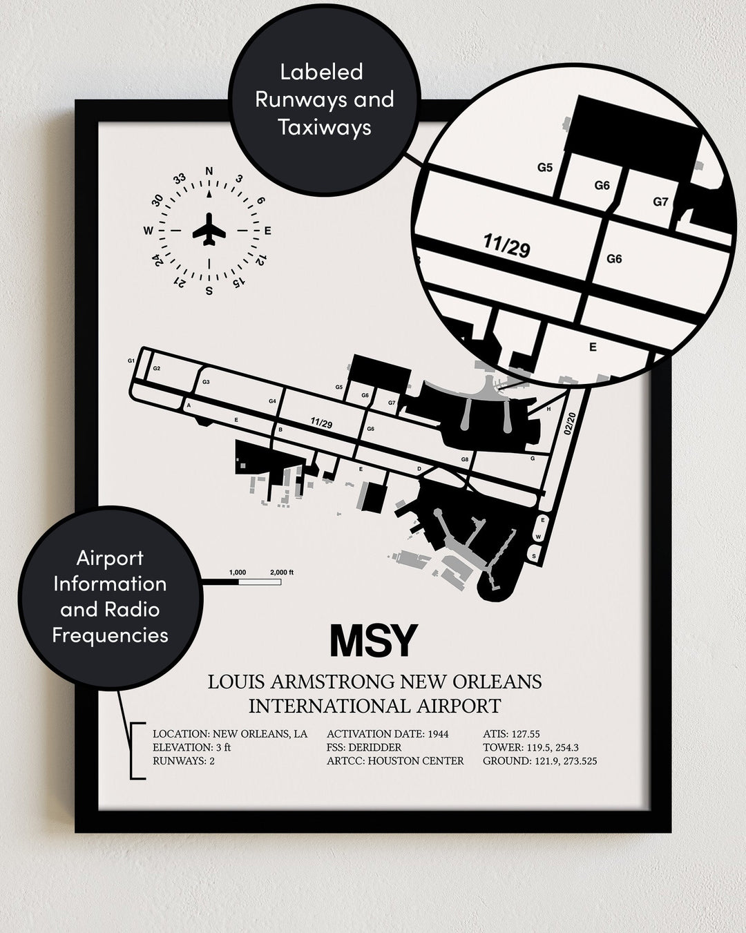 Framed Detailed Airport Map of Louis Armstrong New Orleans International Airport (MSY) in White with a Black Frame