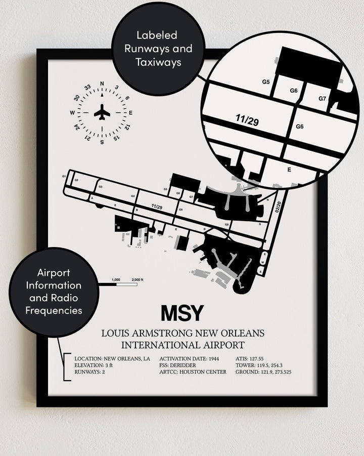 Framed Detailed Airport Map of Louis Armstrong New Orleans International Airport (MSY) in White with a Black Frame