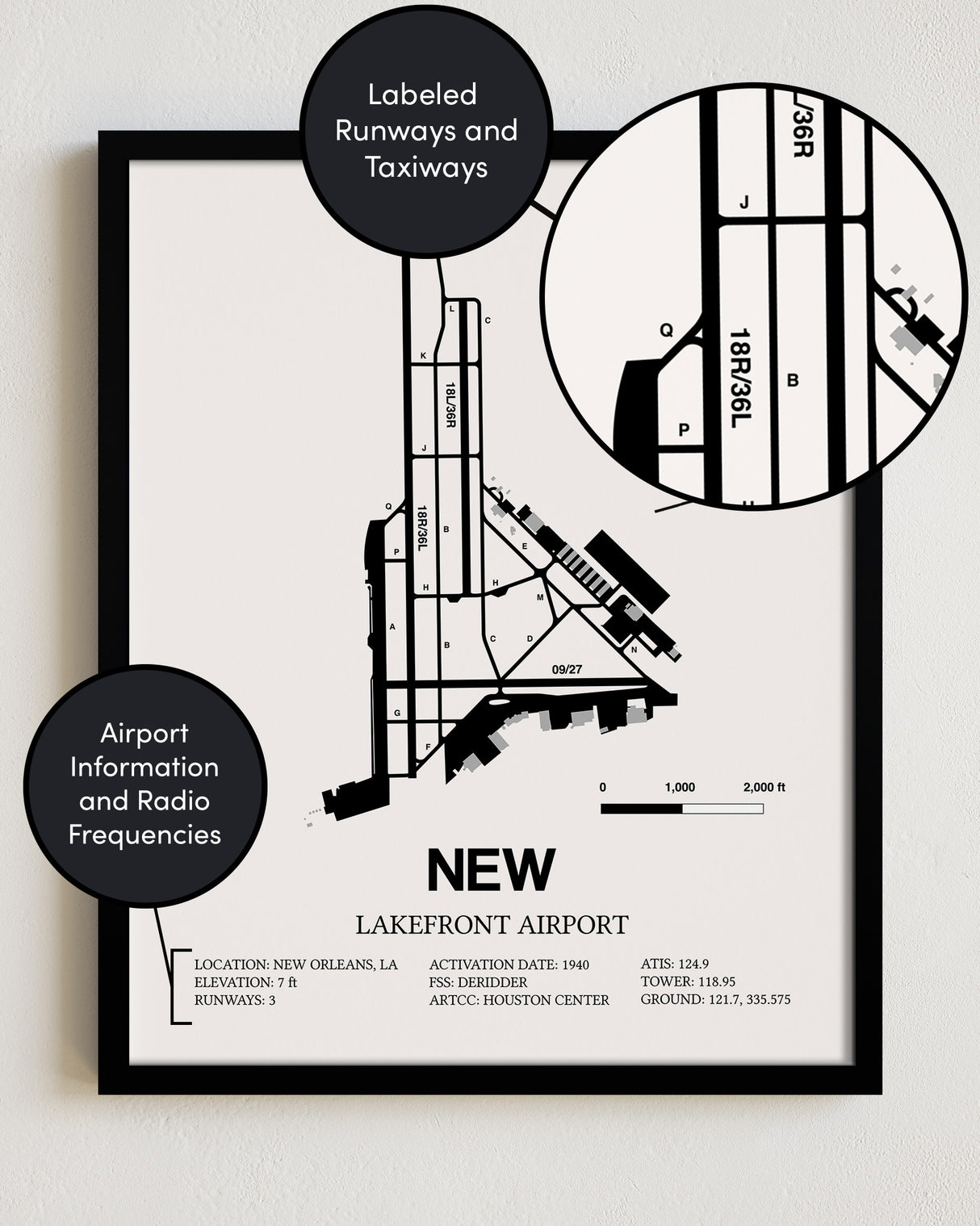 Framed Detailed Airport Map of Lakefront Airport (NEW) in White with a Black Frame