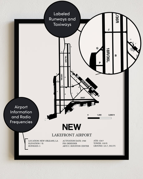Framed Detailed Airport Map of Lakefront Airport (NEW) in White with a Black Frame