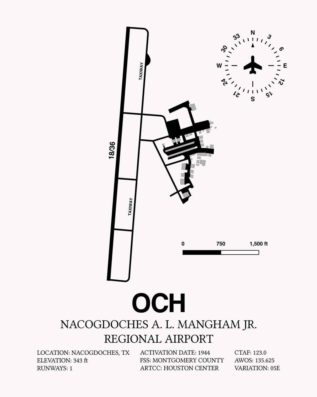 Framed Detailed Airport Map of Nacogdoches A. L. Mangham Jr. Regional Airport (OCH) in White with a Black Frame