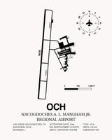 Framed Detailed Airport Map of Nacogdoches A. L. Mangham Jr. Regional Airport (OCH) in White with a Black Frame