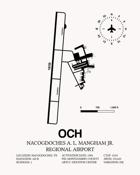 Framed Detailed Airport Map of Nacogdoches A. L. Mangham Jr. Regional Airport (OCH) in White with a Black Frame