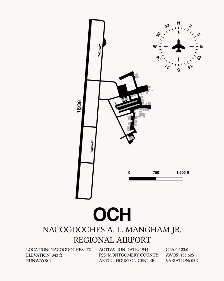 Framed Detailed Airport Map of Nacogdoches A. L. Mangham Jr. Regional Airport (OCH) in White with a Black Frame