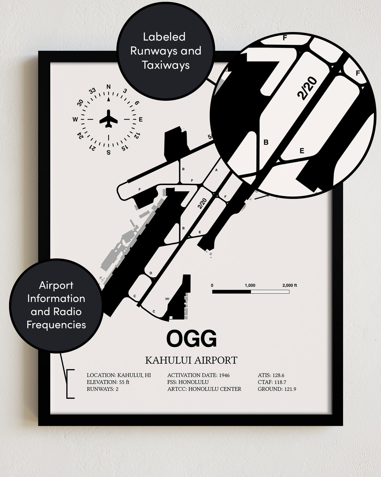 Framed Detailed Airport Map of Kahului Airport (OGG) in White with a Black Frame