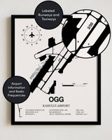 Framed Detailed Airport Map of Kahului Airport (OGG) in White with a Black Frame