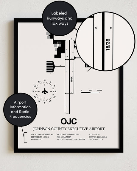 OJC Airport Map, Johnson County Executive Airport Print