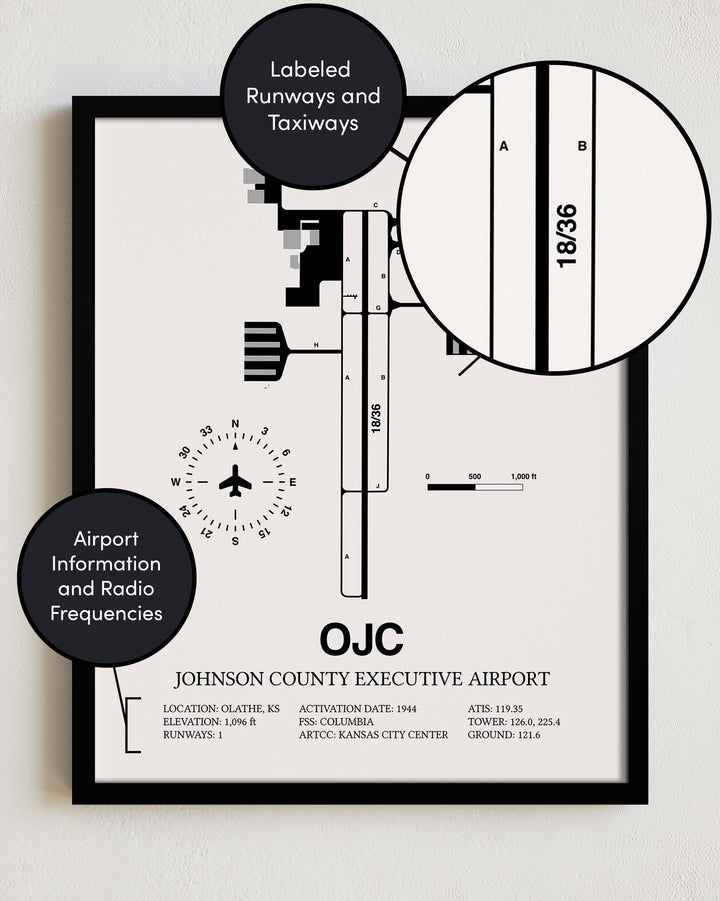 OJC Airport Map, Johnson County Executive Airport Print