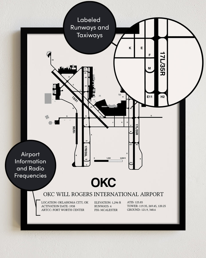 OKC Airport Map, OKC Will Rogers International Airport Print