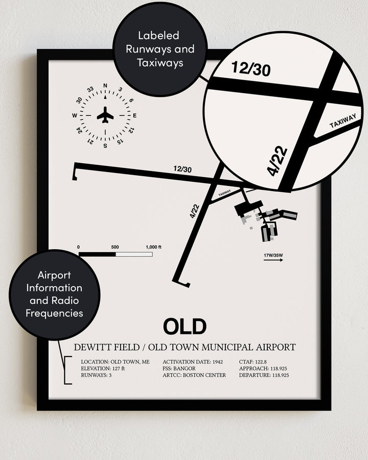 Framed Detailed Airport Map of Dewitt Field / Old Town Municipal Airport (OLD) in White with a Black Frame