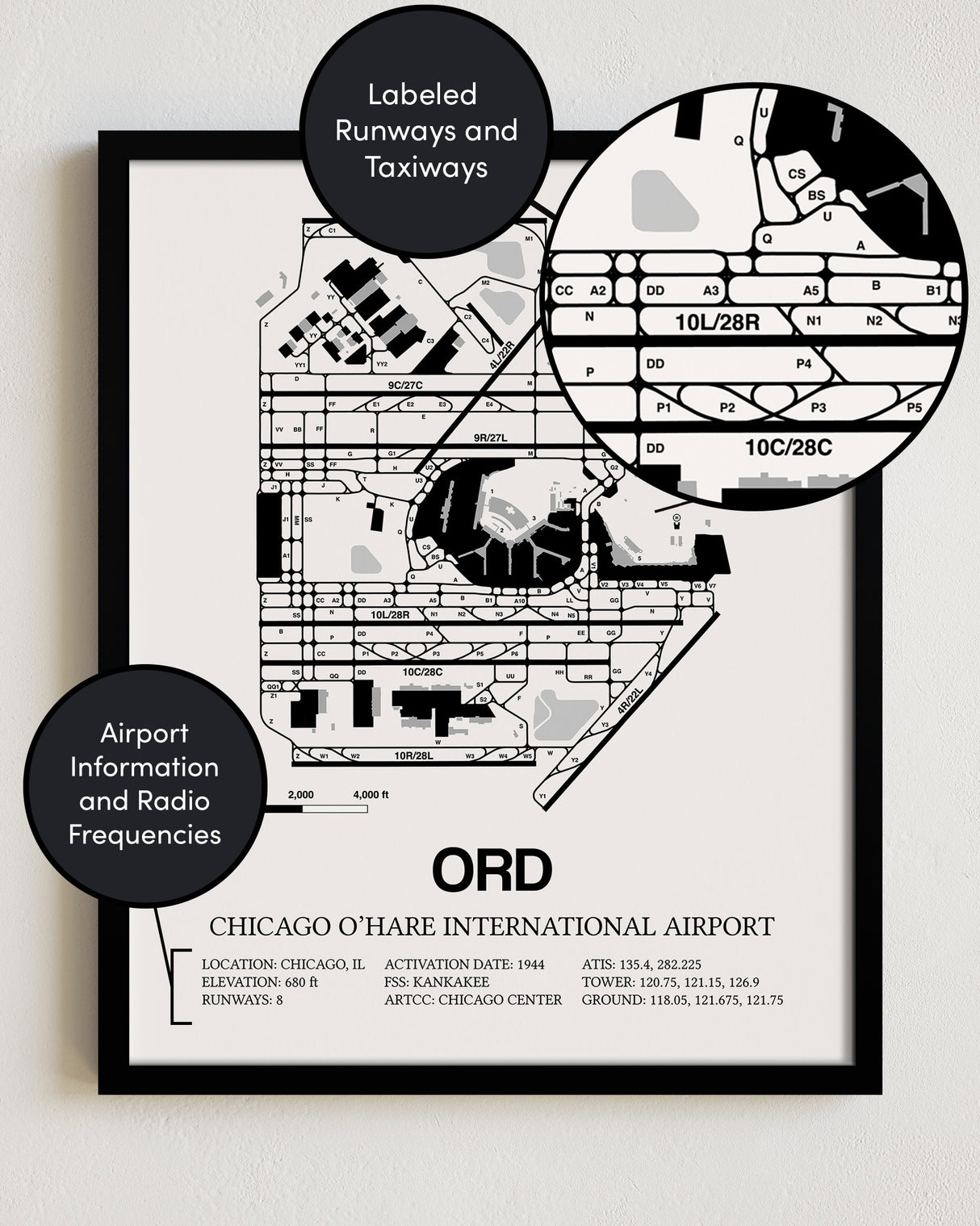 Framed Detailed Airport Map of Chicago O'Hare International Airport (ORD) in White with a Black Frame
