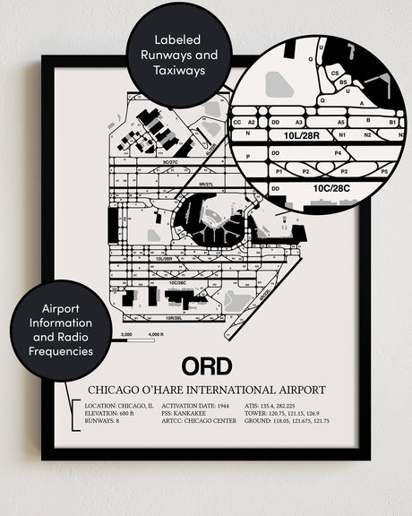 Framed Detailed Airport Map of Chicago O'Hare International Airport (ORD) in White with a Black Frame