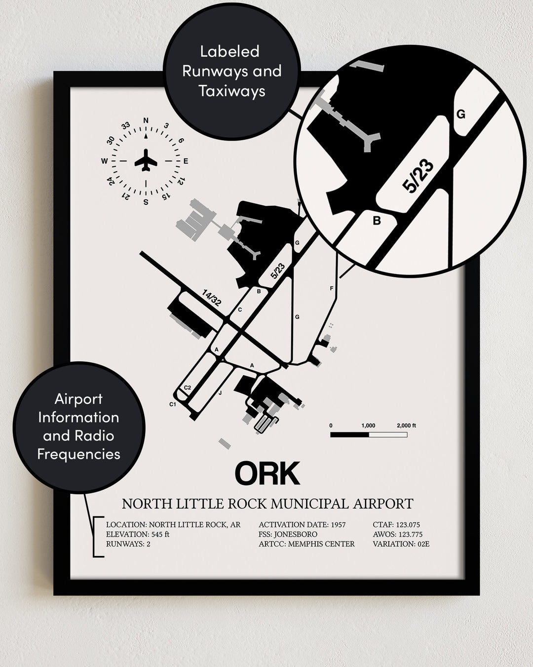 ORK Airport Map, North Little Rock Municipal Airport Print