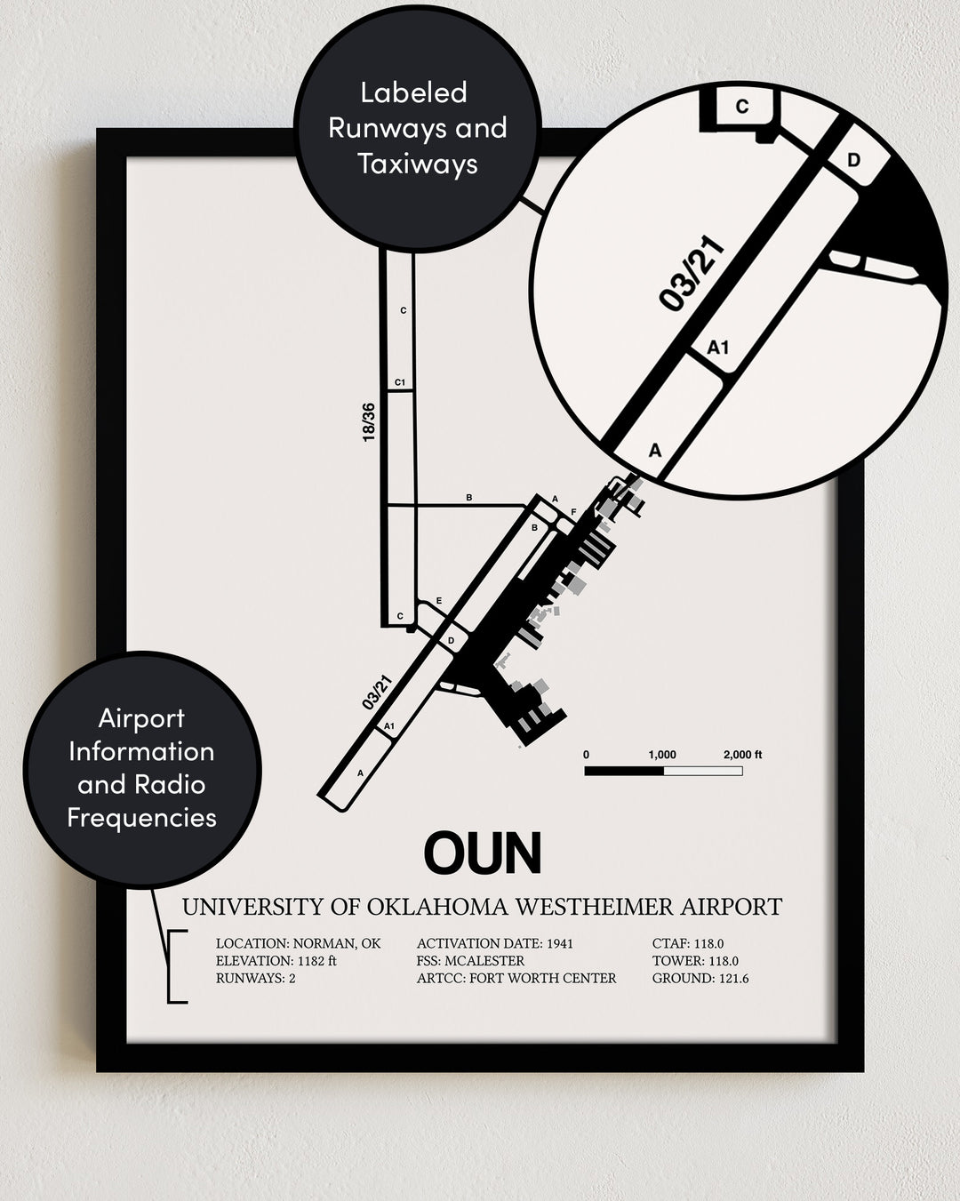 OUN Airport Map, University of Oklahoma Westheimer Airport Print