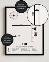Framed Detailed Airport Map of Starke County Airport (OXI) in White with a Black Frame