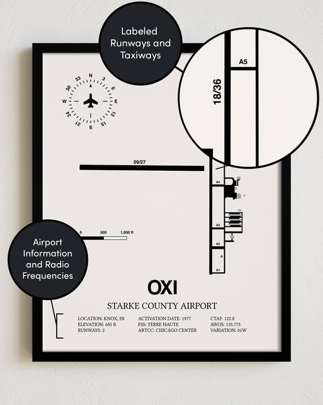 Framed Detailed Airport Map of Starke County Airport (OXI) in White with a Black Frame