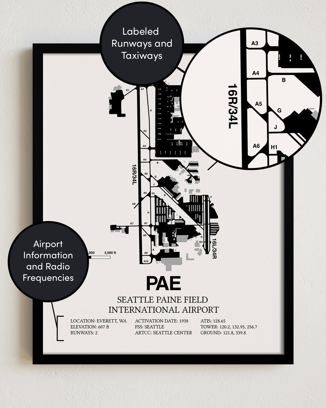 PAE Airport Map, Seattle Paine Field International Airport Print