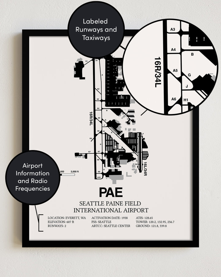 PAE Airport Map, Seattle Paine Field International Airport Print