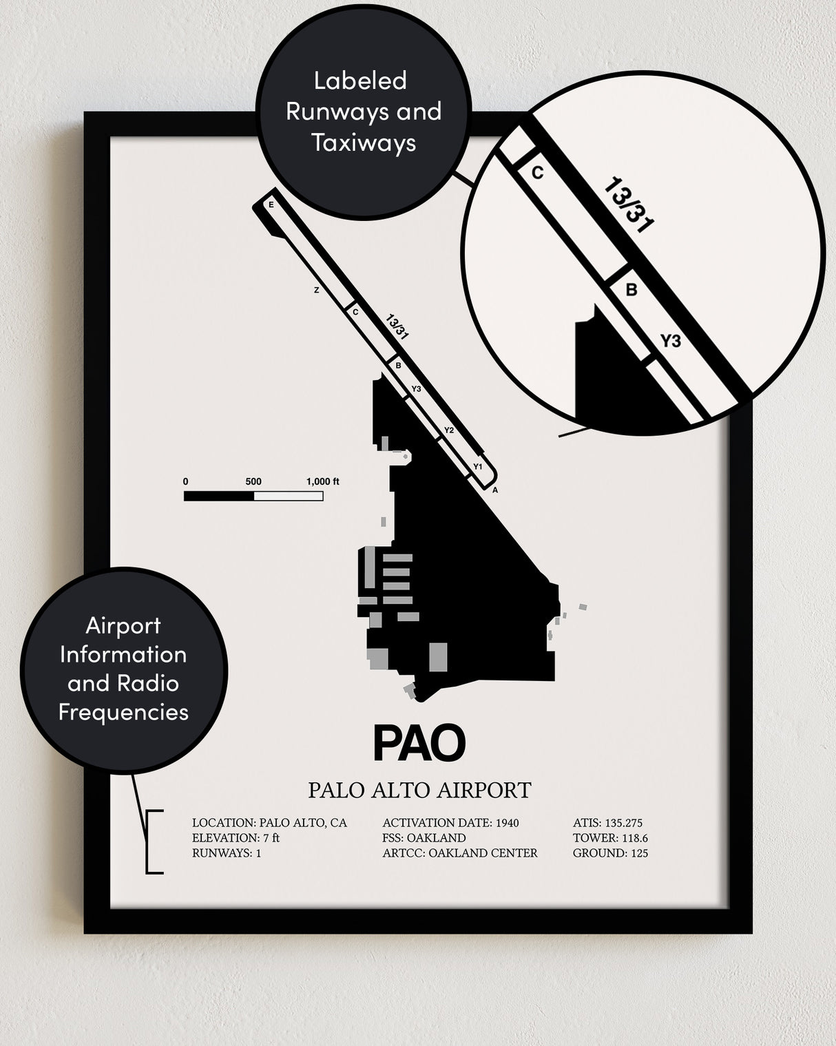 Framed Detailed Airport Map of Palo Alto Airport (PAO) in White with a Black Frame