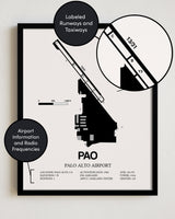 Framed Detailed Airport Map of Palo Alto Airport (PAO) in White with a Black Frame