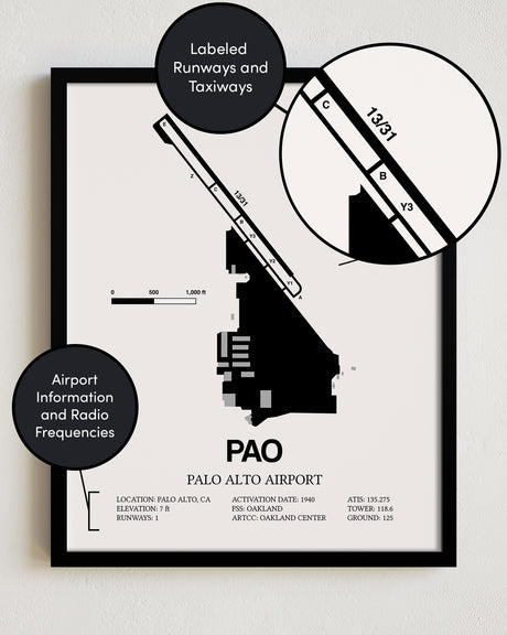 Framed Detailed Airport Map of Palo Alto Airport (PAO) in White with a Black Frame