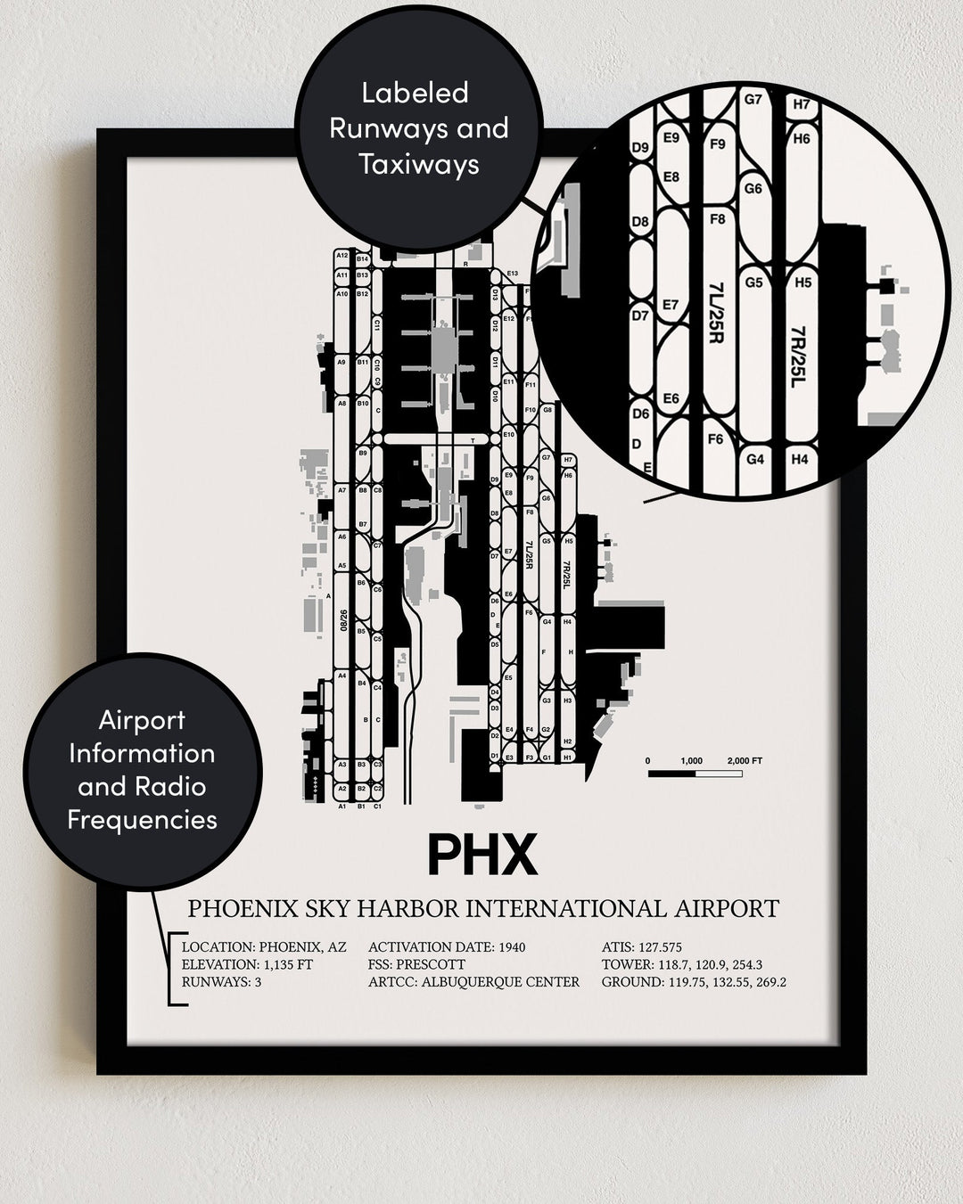 Framed Detailed Airport Map of Phoenix Sky Harbor International Airport (PHX) in White with a Black Frame