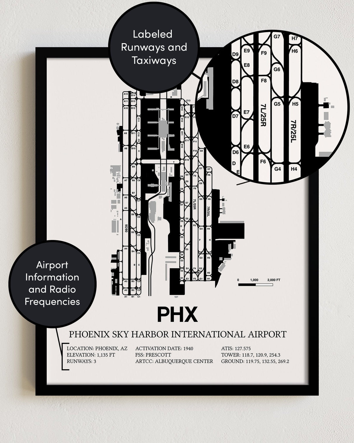 Framed Detailed Airport Map of Phoenix Sky Harbor International Airport (PHX) in White with a Black Frame