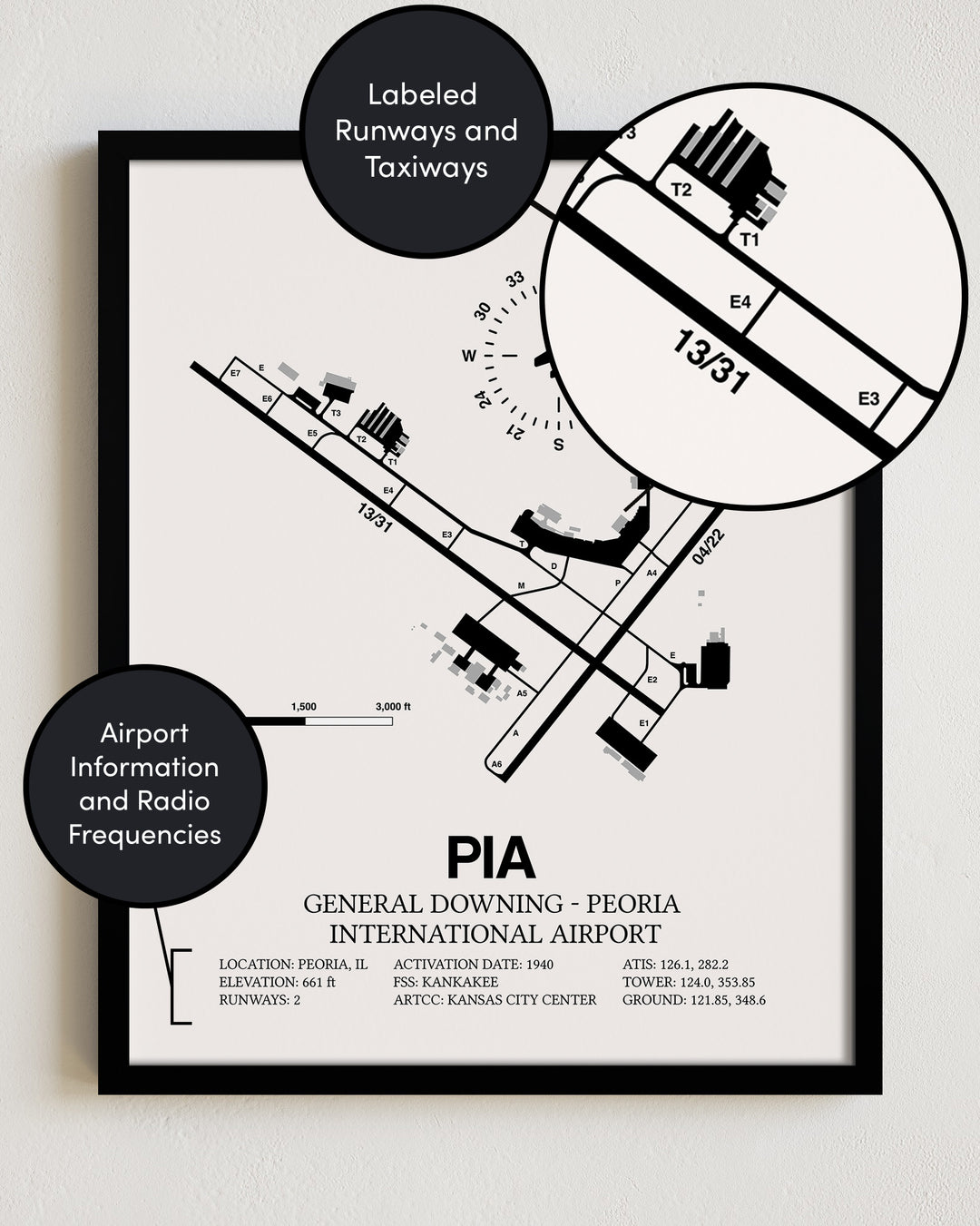 PIA Airport Map, General Downing - Peoria International Airport Print