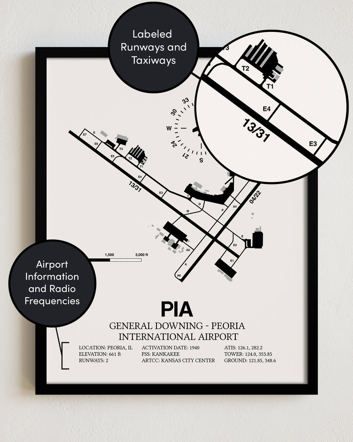 PIA Airport Map, General Downing - Peoria International Airport Print