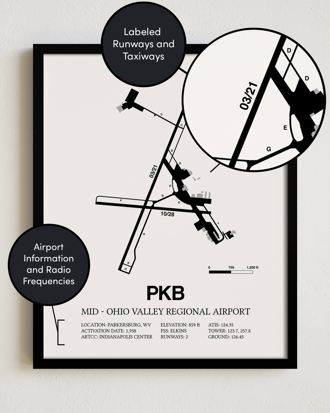 PKB Airport Map, Mid - Ohio Valley Regional Airport Print
