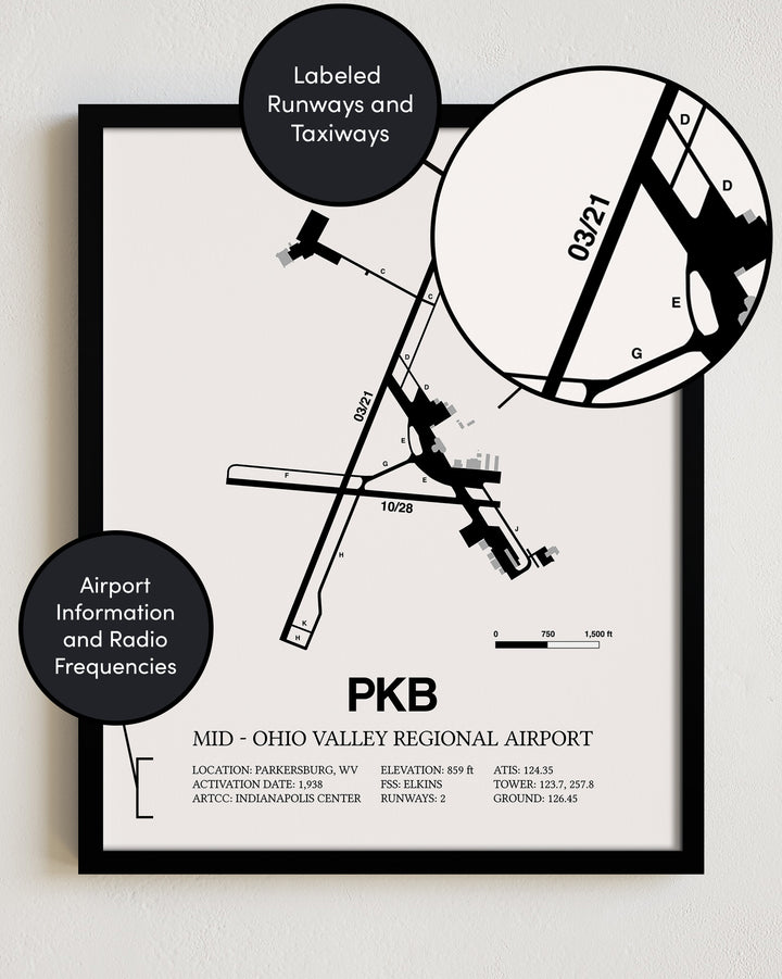 PKB Airport Map, Mid - Ohio Valley Regional Airport Print