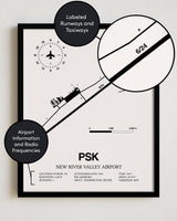 Framed Detailed Airport Map of New River Valley Airport (PSK) in White with a Black Frame