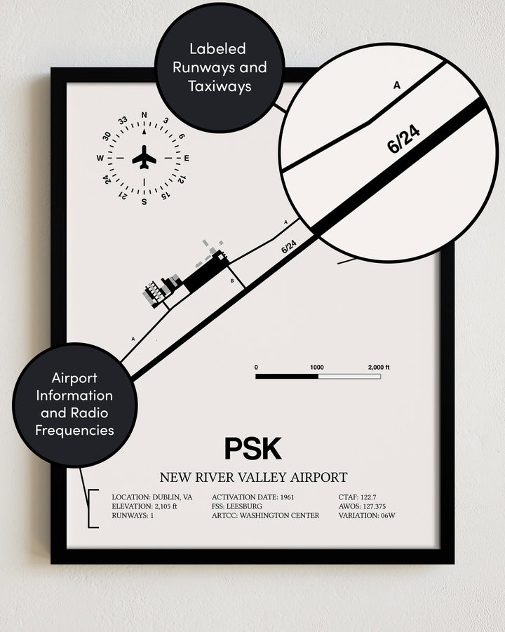 PSK Airport Map, New River Valley Airport Print