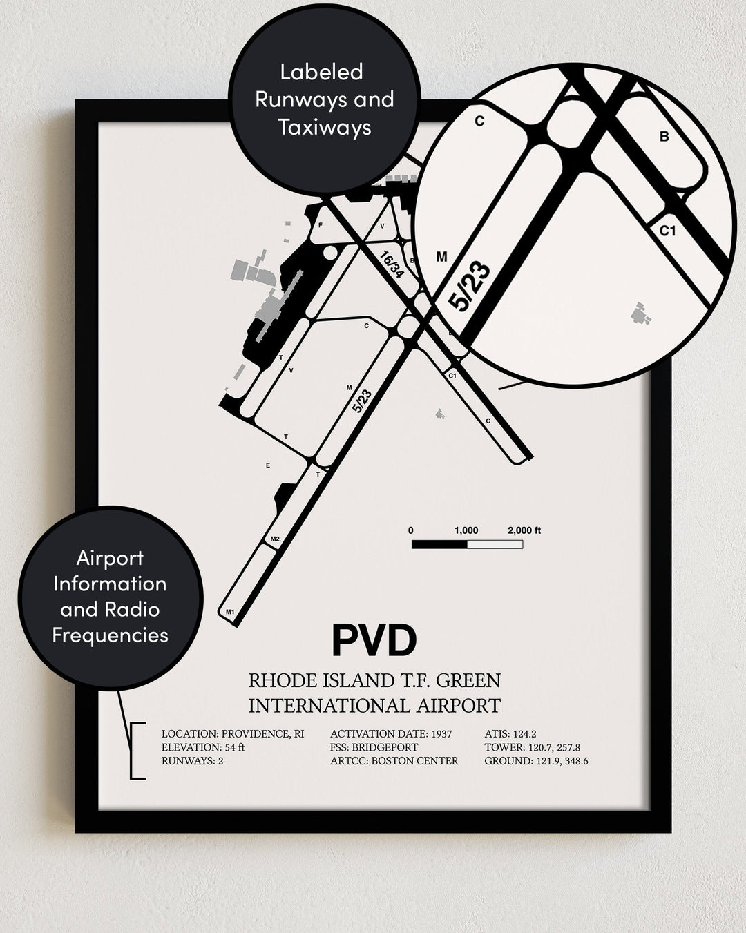 Framed Detailed Airport Map of Theodore Francis Green State Airport (PVD) in White with a Black Frame