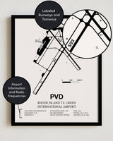 Framed Detailed Airport Map of Theodore Francis Green State Airport (PVD) in White with a Black Frame