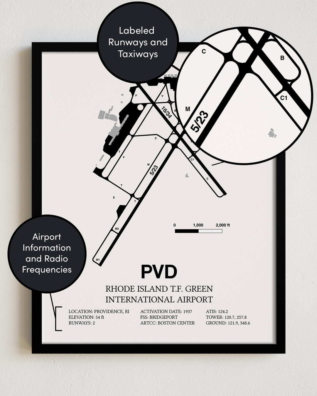 PVD Airport Map, Theodore Francis Green State Airport Print