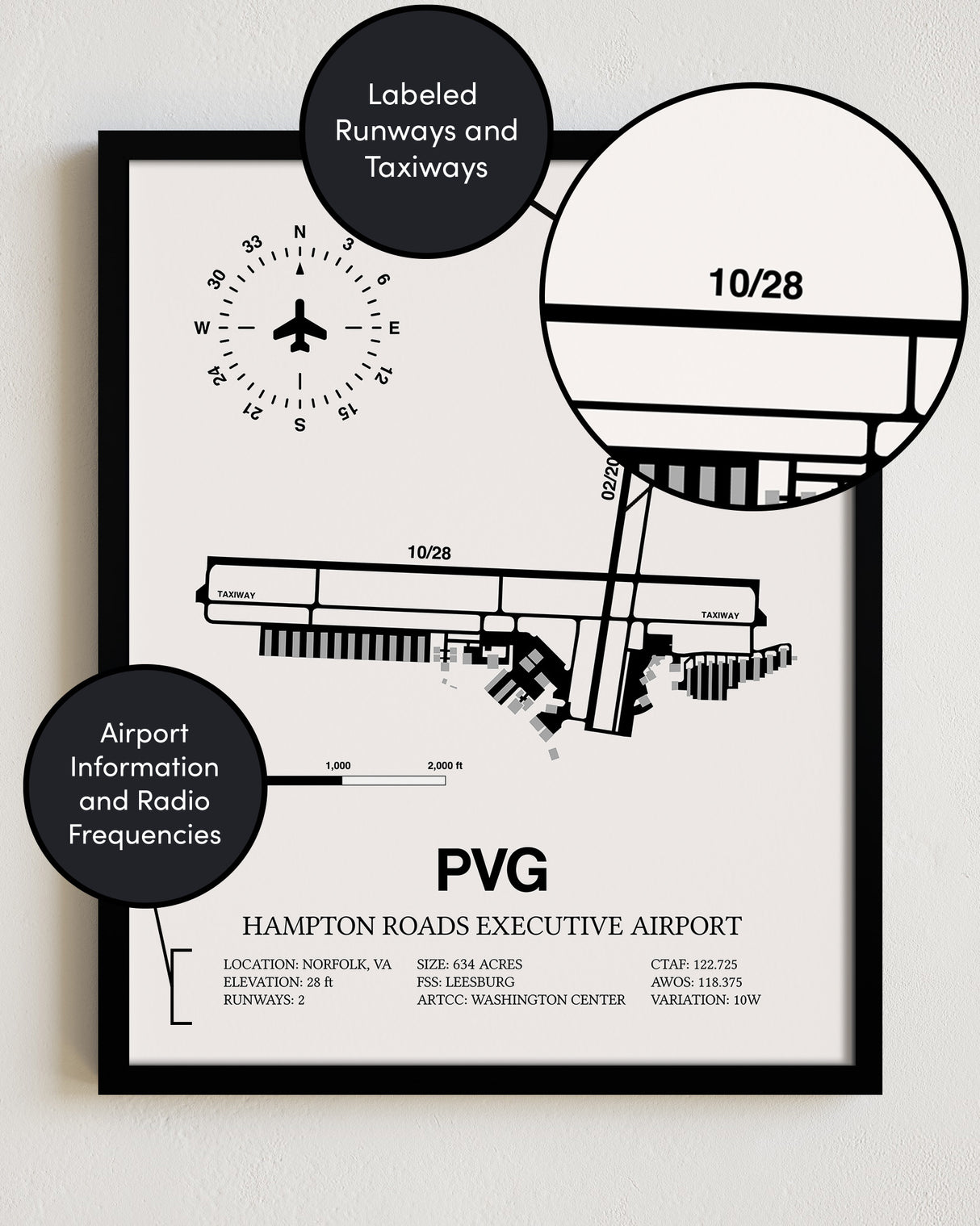 PVG Airport Map, Hampton Roads Executive Airport Print