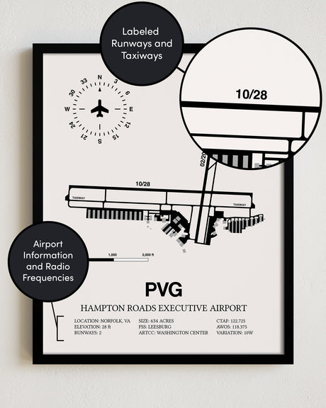 PVG Airport Map, Hampton Roads Executive Airport Print