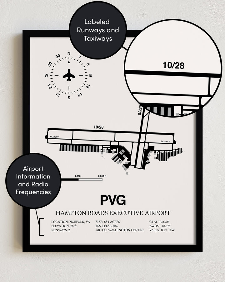PVG Airport Map, Hampton Roads Executive Airport Print